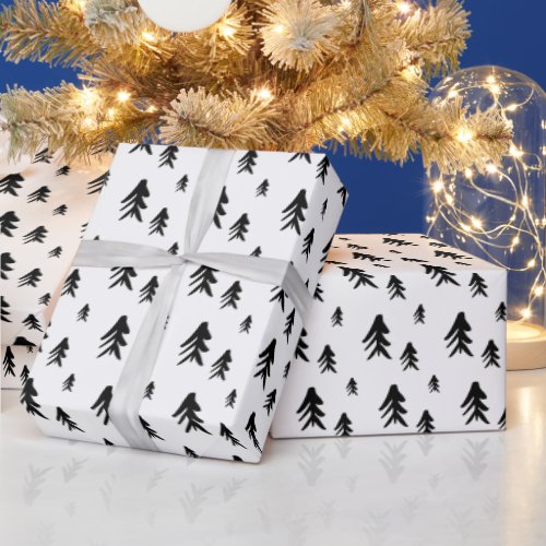 Black white trees  illustration christmas pattern wrapping paper