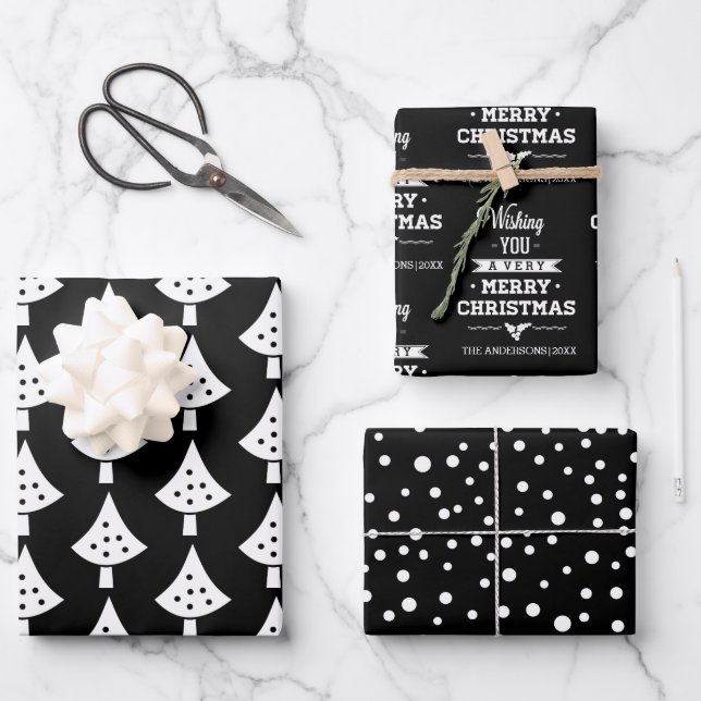 Black white trees, snowflakes and wishes Christmas Wrapping Paper Sheets (Front)