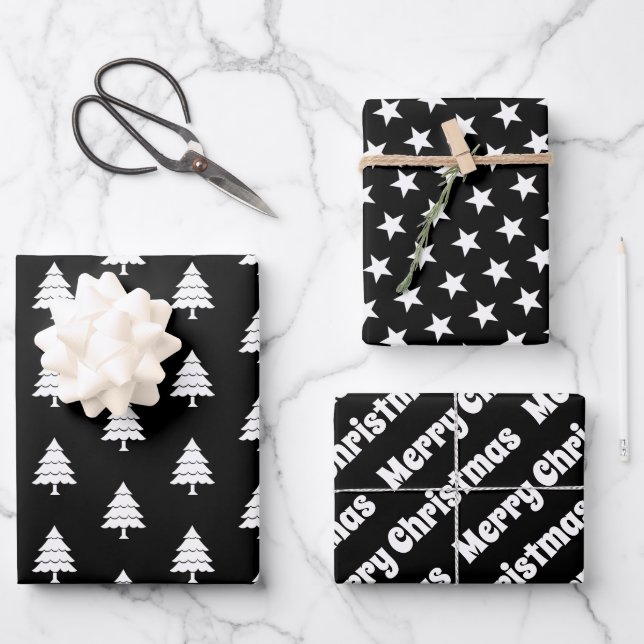 Black white trees, stars Merry Christmas holiday Wrapping Paper Sheets (Front)
