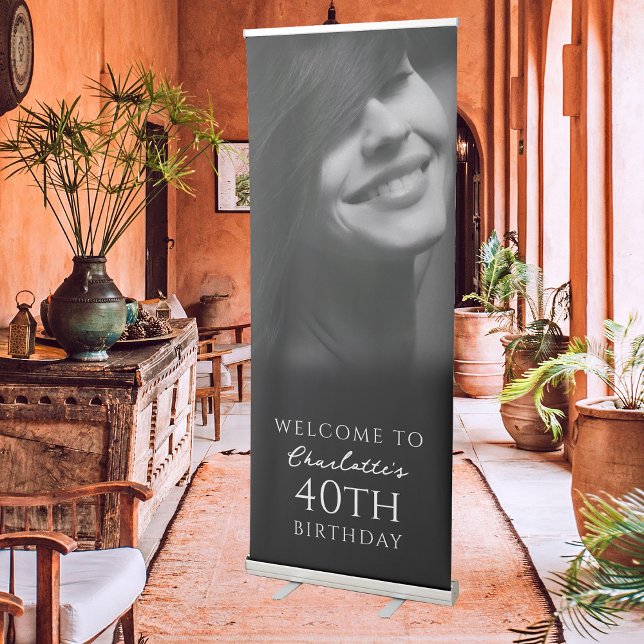 Black White Trendy Birthday Party Photo Welcome Retractable Banner (Black White Trendy Birthday Party Photo Welcome Retractable Banner)