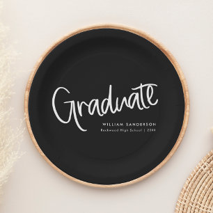 Black & White Trendy Casual Script Graduation Paper Plates