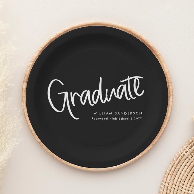 Black & White Trendy Casual Script Graduation Paper Plates (Creator Uploaded)