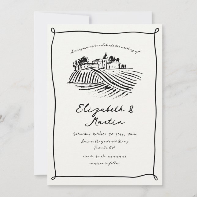 Black & White Trendy Hand Drawn Vineyard Wedding Invitation (Front)