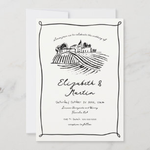 Black & White Trendy Hand Drawn Vineyard Wedding Invitation