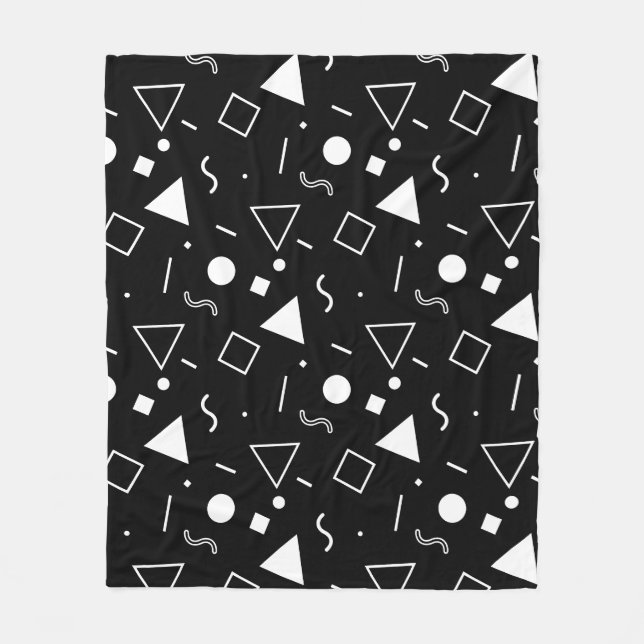 Black White Triangle Square Circle Memphis Pattern Fleece Blanket (Front)