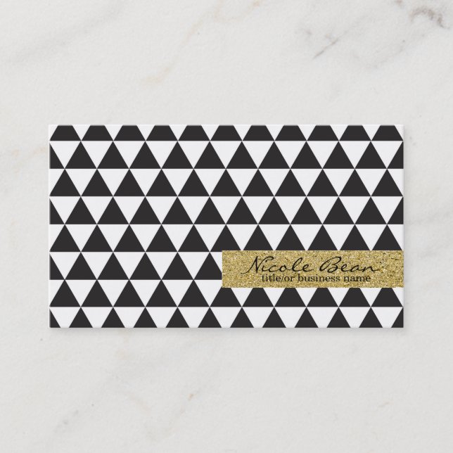 Black & White Triangles & Gold Glamour Chic Business Card (Front)