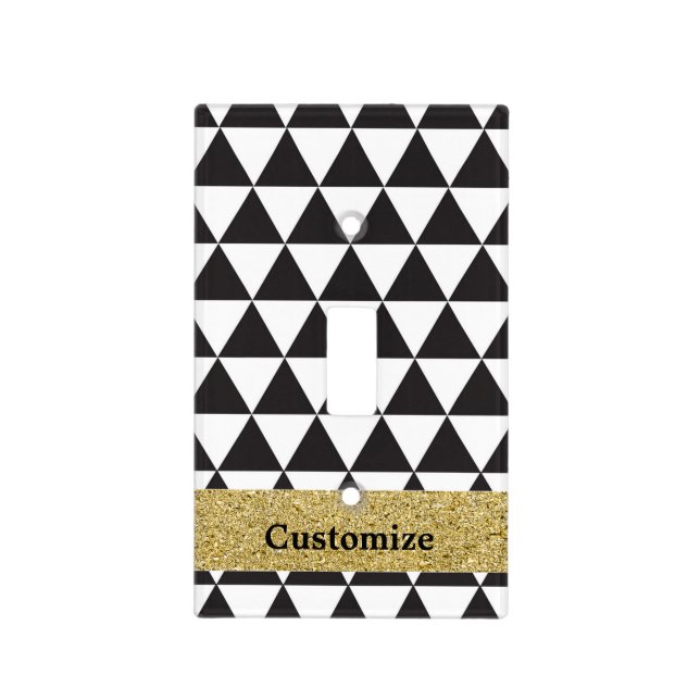 Black & White Triangles & Gold Glamour Chic Light Switch Cover (Front)