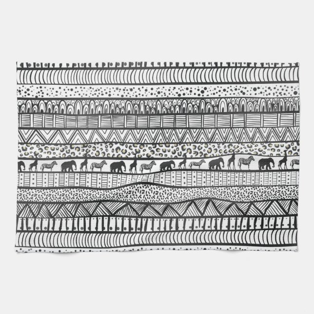 Black White Tribal African Pattern Kitchen Towel (Horizontal)