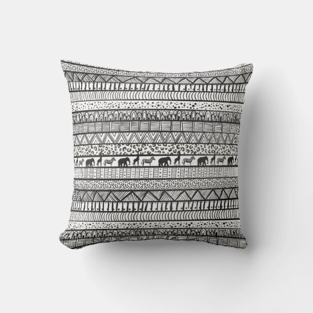 Black White Tribal African Pattern Throw Pillow (Front)