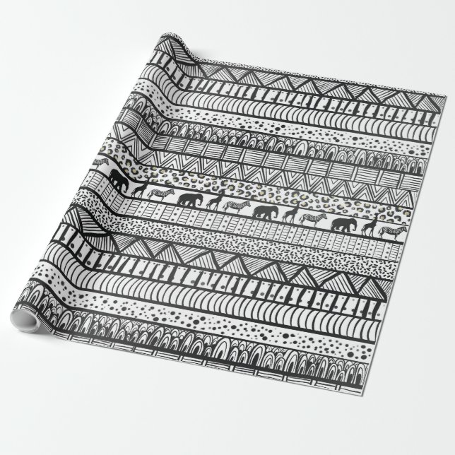 Black White Tribal African Pattern Wrapping Paper (Unrolled)