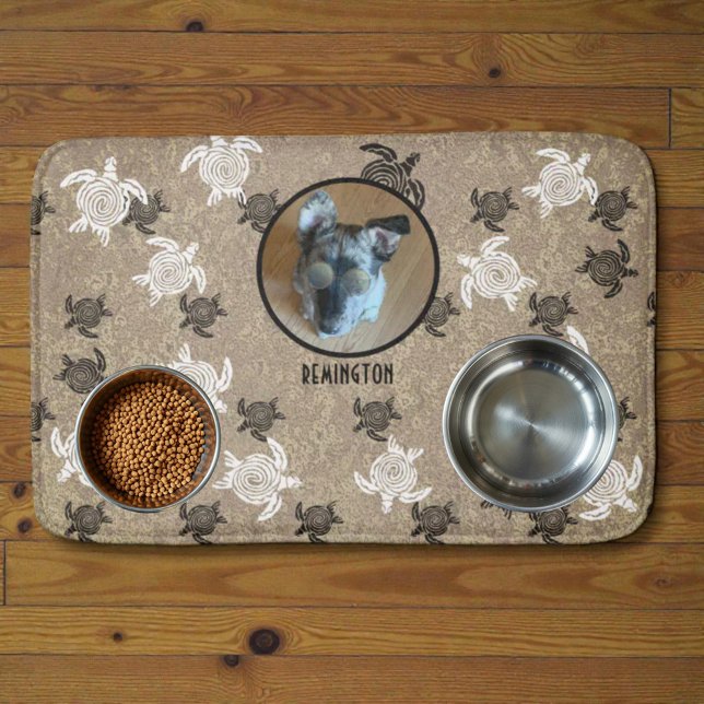 Black White Tribal Art Sea Turtles Custom Photo Bath Mat (Cute mat with custom photo and text for a pet area. )