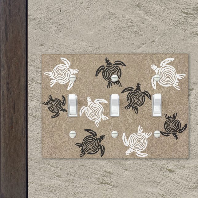 Black White Tribal Art Sea Turtles On Sandy Beach Light Switch Cover (Add a unique design feature to a room wall with this three toggle tribal turtle switch plate. )