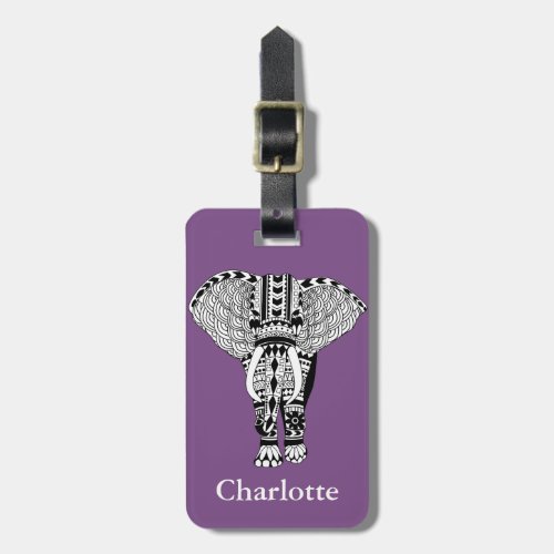 Black  White Tribal Bohemian Elephant Luggage Tag