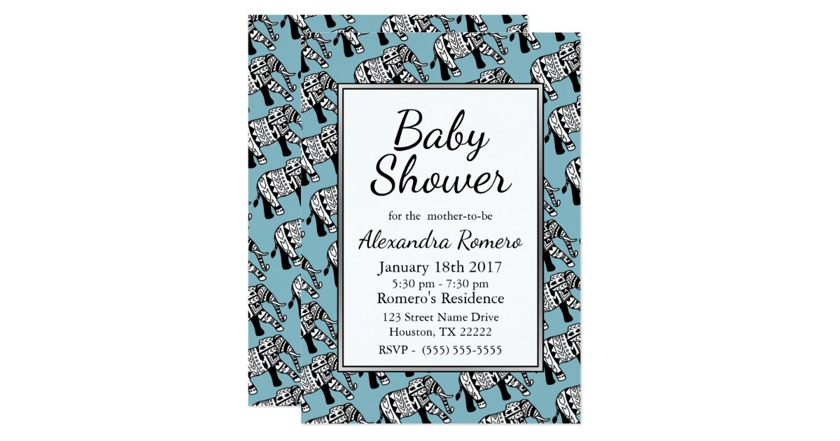 Black White Tribal Elephants Blue Baby Shower Invitation