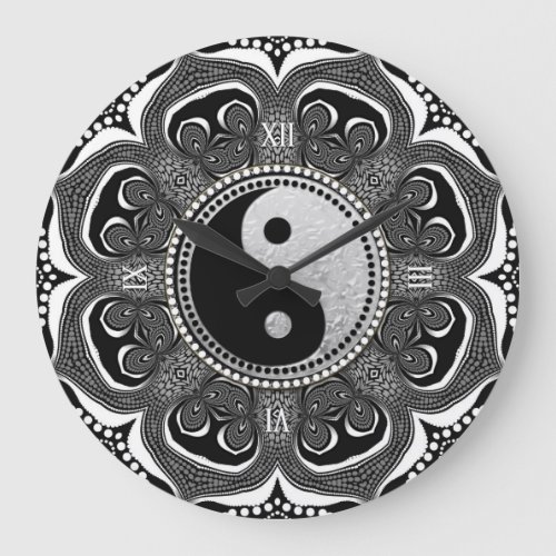 BlackWhite Tribal Flower New Age Symbol Large Clock