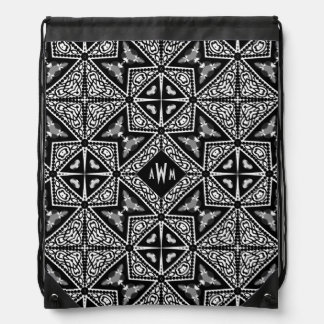 Black+White Tribal Geometric Monogram Drawstring Bag