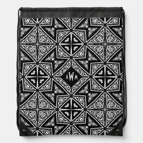 BlackWhite Tribal Geometric Monogram Drawstring Bag