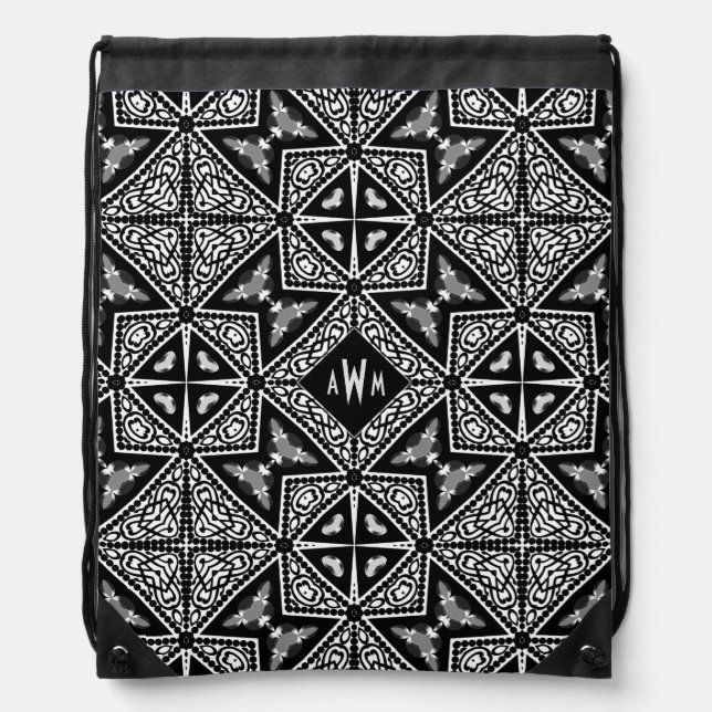 Black+White Tribal Geometric Monogram Drawstring Bag (Front)