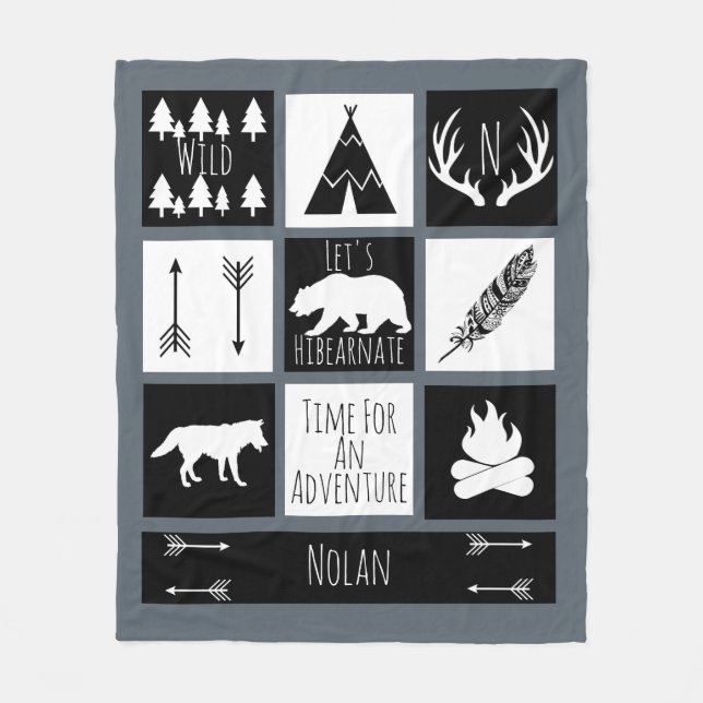 Black & White Tribal Wild Woodlands Gray Fleece Blanket (Front)