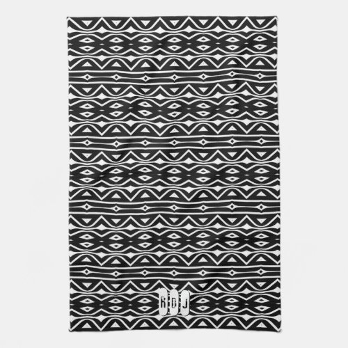 Black White Tribe Pattern Monogram Kitchen Decor Towel