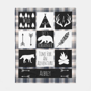 Black & White Tribe Wild Woodland Gray Cream Plaid Fleece Blanket