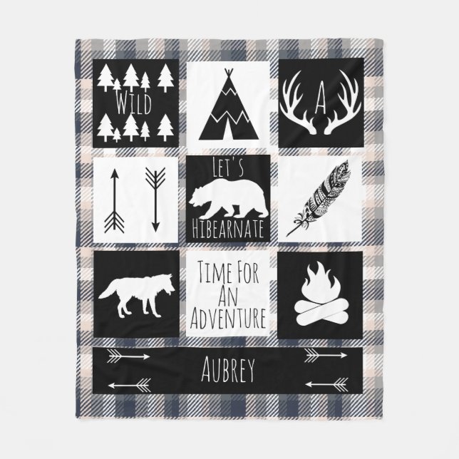 Black & White Tribe Wild Woodland Gray Cream Plaid Fleece Blanket (Front)