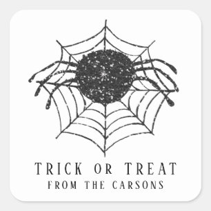 Black White Trick or Treat Halloween Spider Web Square Sticker