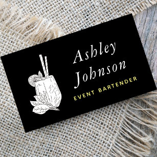 Black & White Tropical Cocktail with Straws Leaves Business Card