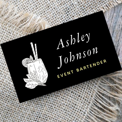 Black  White Tropical Cocktail with Straws Leaves Business Card