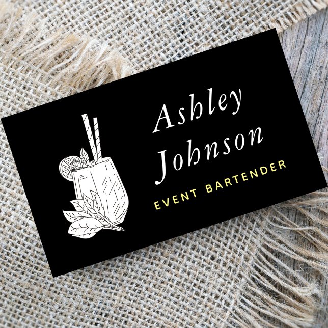 Black & White Tropical Cocktail with Straws Leaves Business Card (Creator Uploaded)