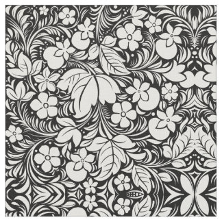 Black White Tropical Floral Damask Fabric