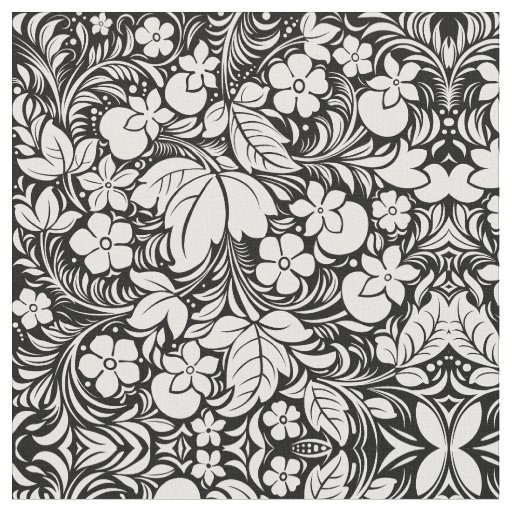 Black White Tropical Floral Damask Fabric