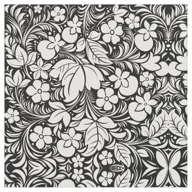 Black White Tropical Floral Damask Fabric (Close Up)