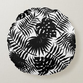 Black & white tropical leafs pattern vector jungle round pillow