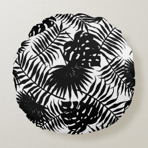 Black  white tropical leafs pattern vector jungle round pillow