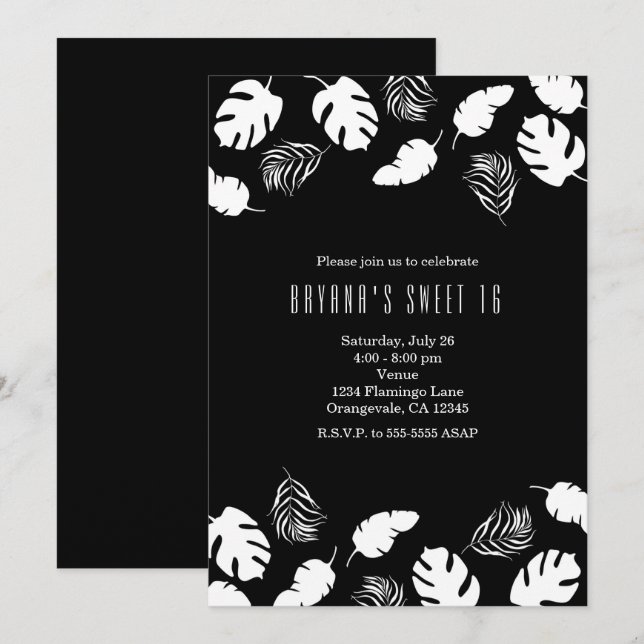 Black & White Tropical Leaves Elegant Chic Party Invitation (Front/Back)