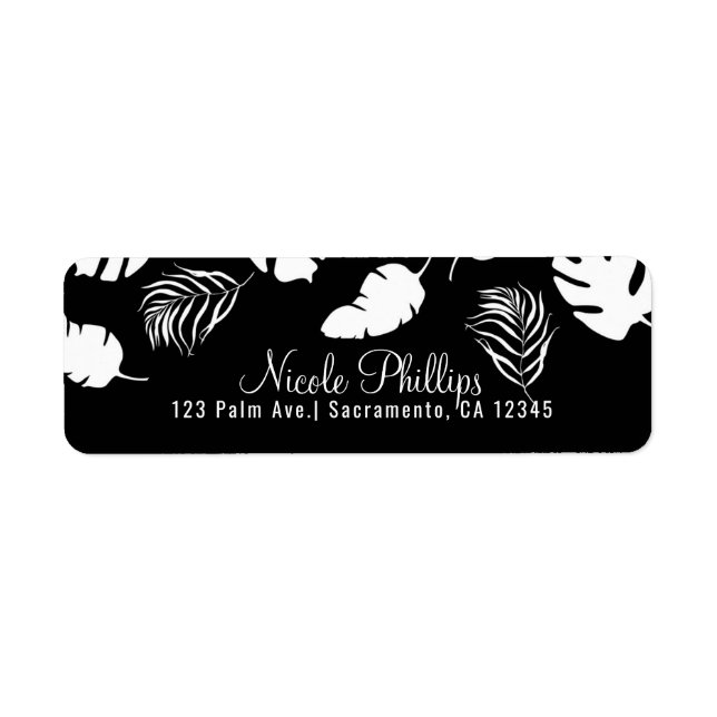 Black & White Tropical Leaves Elegant Chic Party Label (Front)