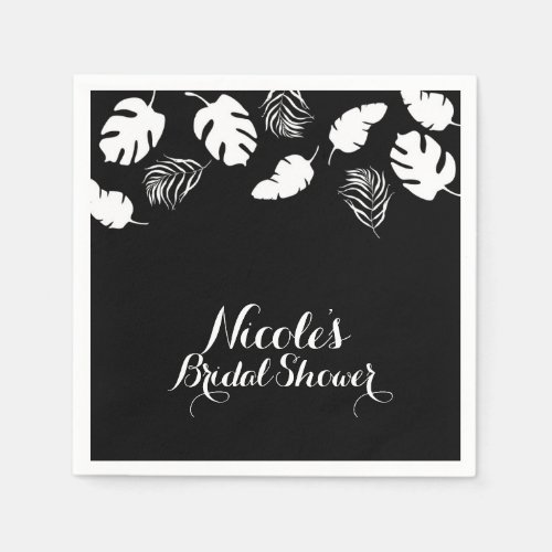 Black  White Tropical Leaves Elegant Chic Party Paper Napkins