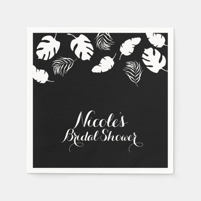 Black & White Tropical Leaves Elegant Chic Party Paper Napkins (Front)