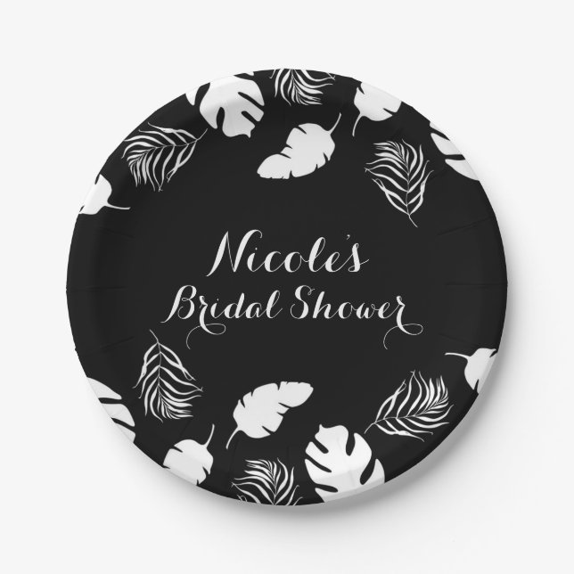 Black & White Tropical Leaves Elegant Chic Party Paper Plates (Front)