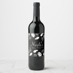 Black & White Tropical Leaves Elegant Chic Wine Label