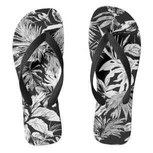 Black & White Tropical Leaves Flip Flops for beach