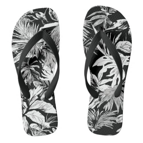 Black  White Tropical Leaves Flip Flops for beach