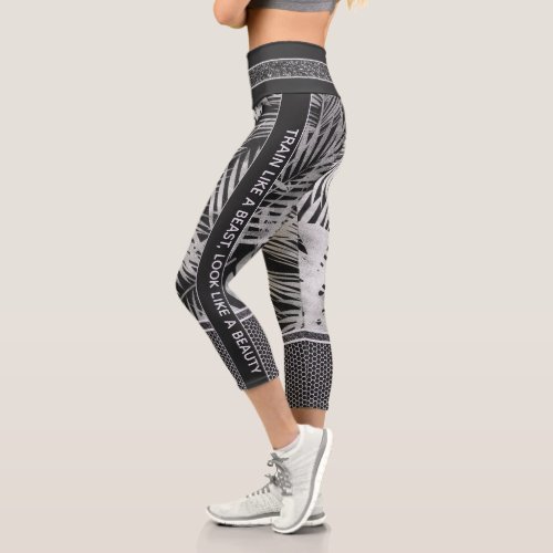 Black  white tropical leaves glitter stylish capri leggings