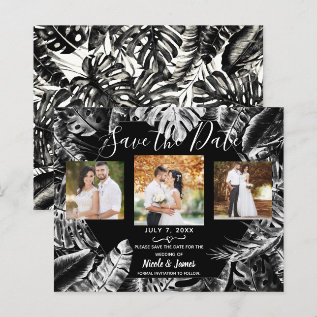 Black White Tropical Leaves Wedding Save the Date  (Front/Back)