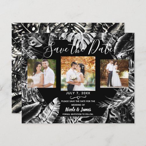 Black White Tropical Leaves Wedding Save the Date 