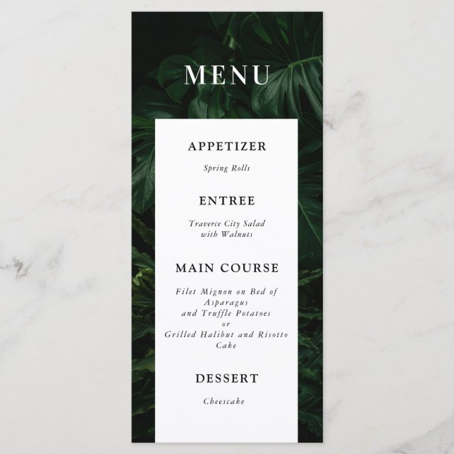 Black White Tropical Monstera Wedding Menu (Front)