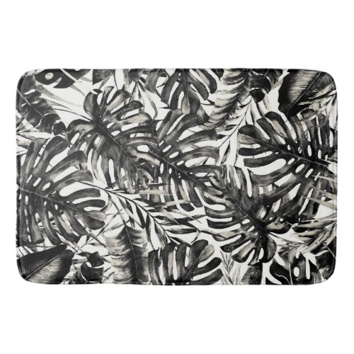 Black  White Tropical Palm Leaves Island Chic Bath Mat