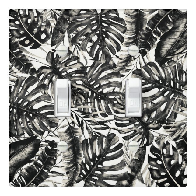 Black & White Tropical Palm Leaves Island Chic Light Switch Cover (In Situ)