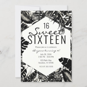 Black & White Tropical Palm Leaves Sweet 16 Invitation